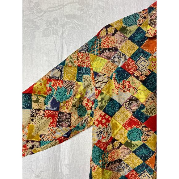 Robert Stock 100% Silk Button Up Small Colorful Geometric Floral Patchwork 90s - Picture 6 of 12